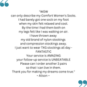 Alison's feedback on her TXG Medical Compression Socks for Women