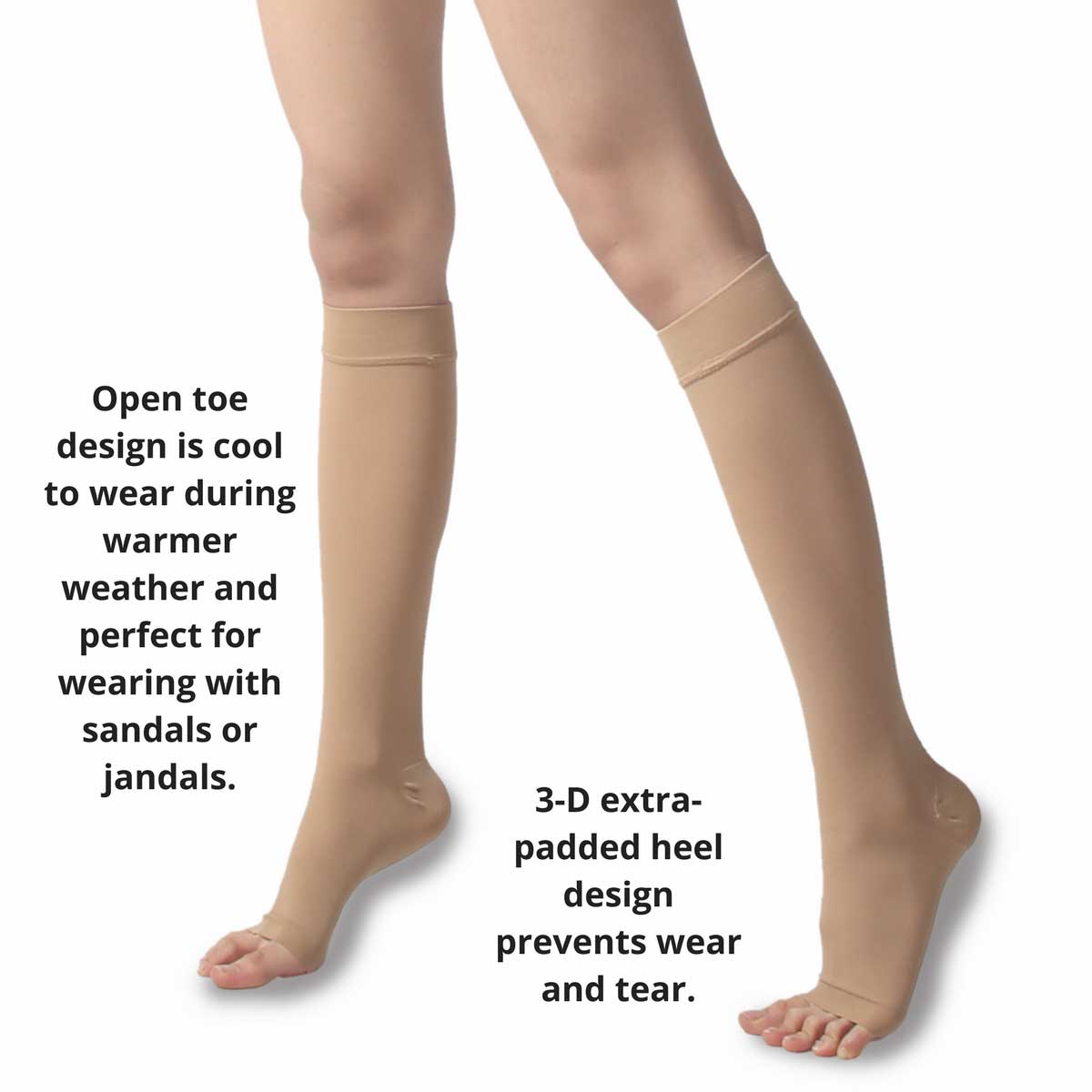 TXG open toe compression stockings 3-D padded heel design