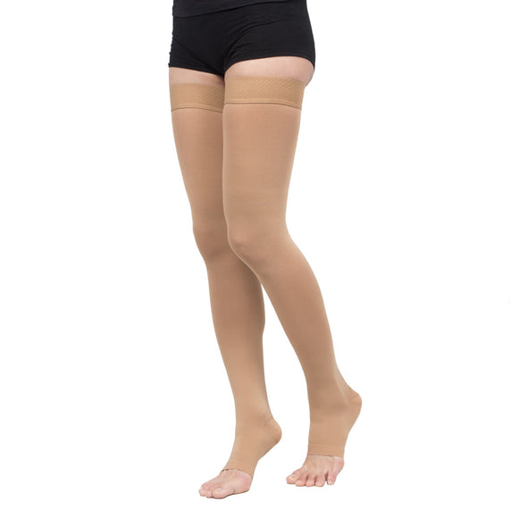 Model wearing TXG thigh high open toe stockings