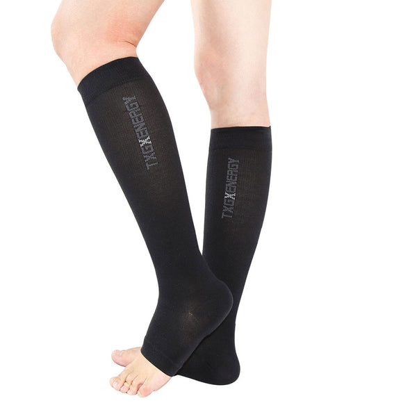 female model wearing black open toe compression socks by TXG Australia
