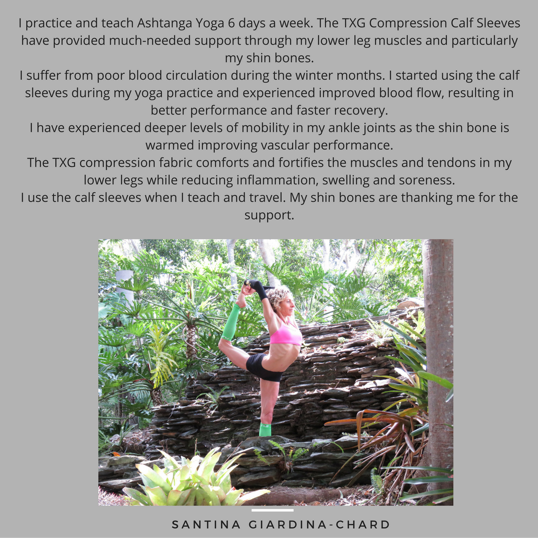 Santina wearing her TXG compression arm sleeves during yoga training