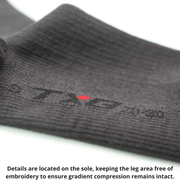 TXG compression stockings for men contains the product details on the sole of the sock so it doesn't compromise the gradient compression