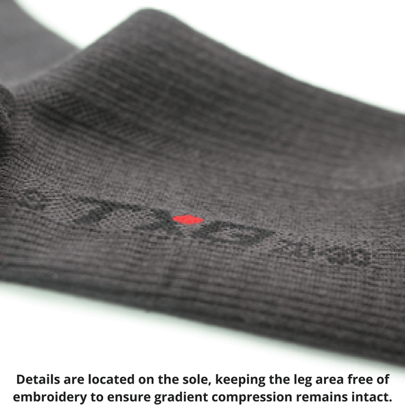 TXG compression stockings for men contains the product details on the sole of the sock so it doesn't compromise the gradient compression